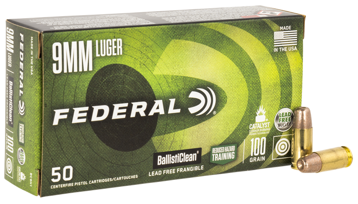 Federal 9MM 100 Grain Frangible Ballisticlean RHT Brass  -  Pistol Ammo  -  50RD Box - BC9H1