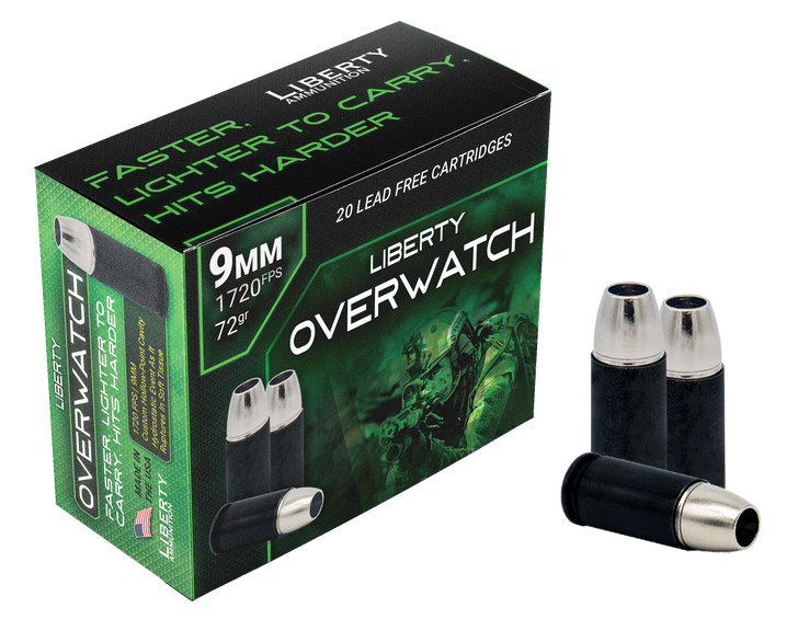 Liberty  -  OverWatch 9mm +P 72 grain Open Cavity Design - Nickel Brass - 20RD Box