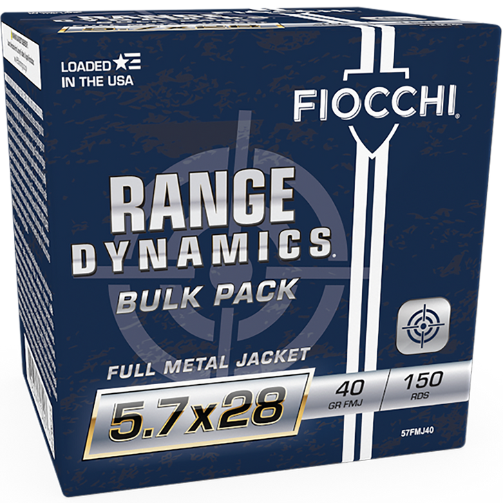 Fiocchi Range Dynamics 5.7x28mm 40 Grain FMJ Brass - Pistol Ammo  -  150RD Box - 57FMJ40