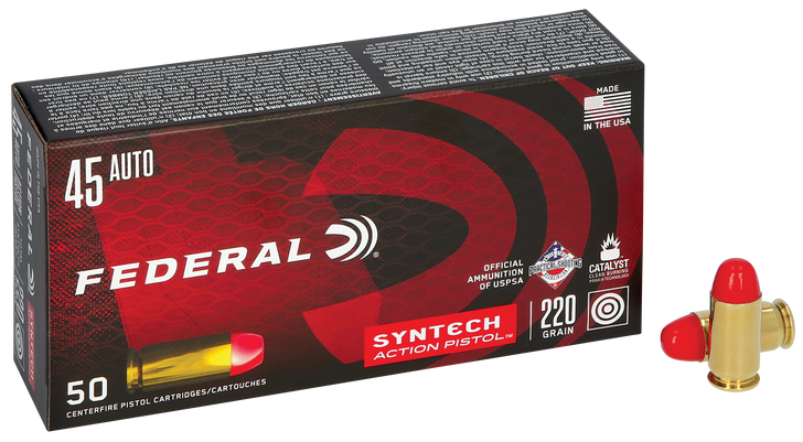Federal Syntech Action Pistol 45 Auto 220 Grain Syntech Jacket Flat Nose  -  Pistol Ammo  -  50RD Box - AE45SJAP1