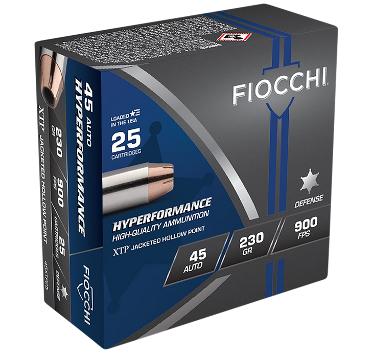 Fiocchi Hyperformance Defense .45 ACP 230 Grain JHP Brass Cased - Pistol Ammo  -  25RD Box - 45XTP25