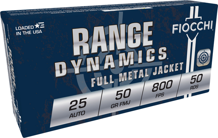 Fiocchi Range Dynamics 25 Auto 50 Grain FMJ Brass - Pistol Ammo  -  50RD Box - 25AP