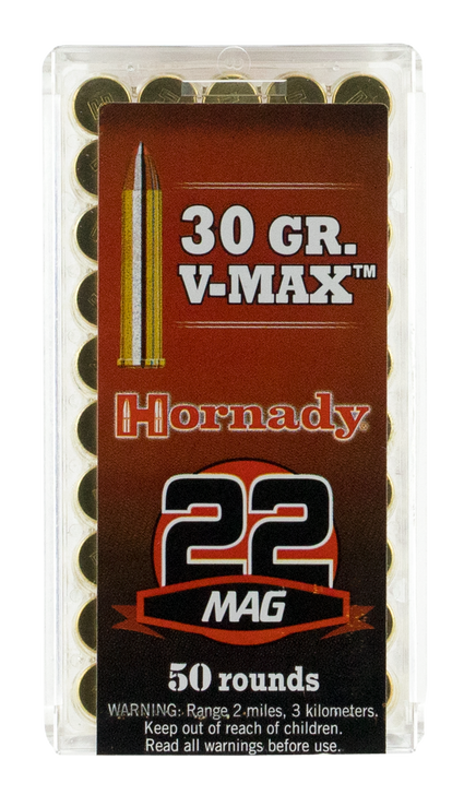 Hornady Varmint Express Rimfire .22 Winchester Magnum Rimfire 30 Grain V-MAX Brass Cased - Rimfire Ammo - 50RD Box - 83202