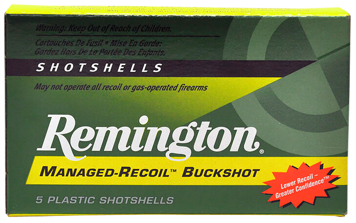 Remington Managed-Recoil Buckshot 12 Gauge 8 Pellet 2.75in #00 Buck - Shotgun Ammo - 5RD Box - 20282