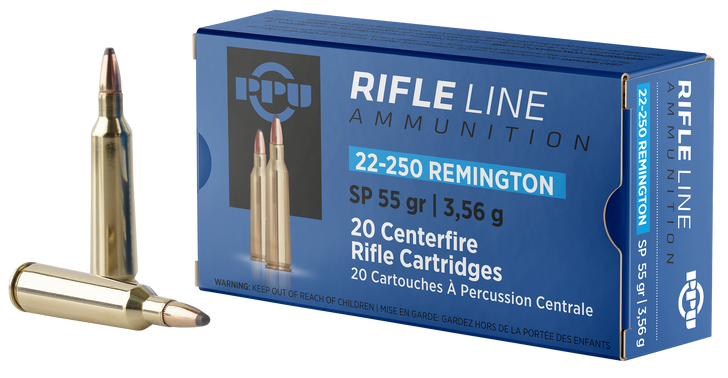 PPU  22-250 Remington 55 Grain Brass Cased Soft Point - Rifle Ammo - 20RD Box - PP22250