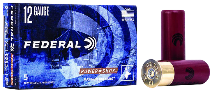 Federal Power Shok 12 Gauge 27 Pellets Power Shok Buckshot - Shotgun Ammo - 4 Shot - 5RD Box - F127 4B