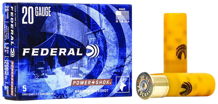 Federal Power Shok 20 Gauge 20 Pellets Power Shok Buckshot - Shotgun Ammo - 3 Shot - 5RD Box - F203 3B
