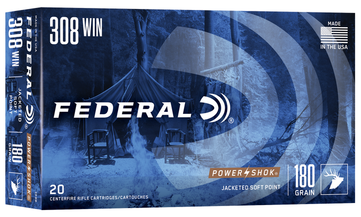 Federal Power-Shok .308 Winchester 180 Grain Jacketed Soft Point - Rifle Ammo - 20RD Box - 308B