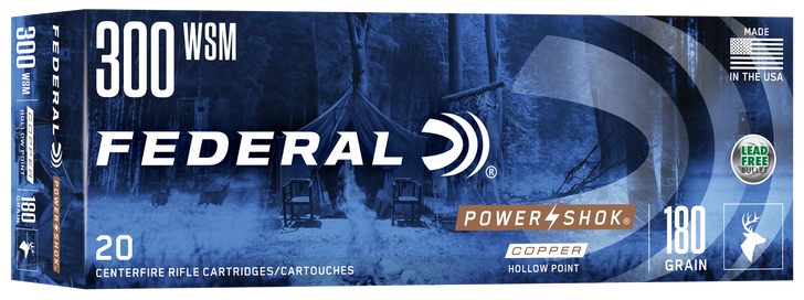 Federal Power-Shok .300 Winchester Short Magnum 180 Grain Jacketed Soft Point - Rifle Ammo - 20RD Box - 300WSMC
