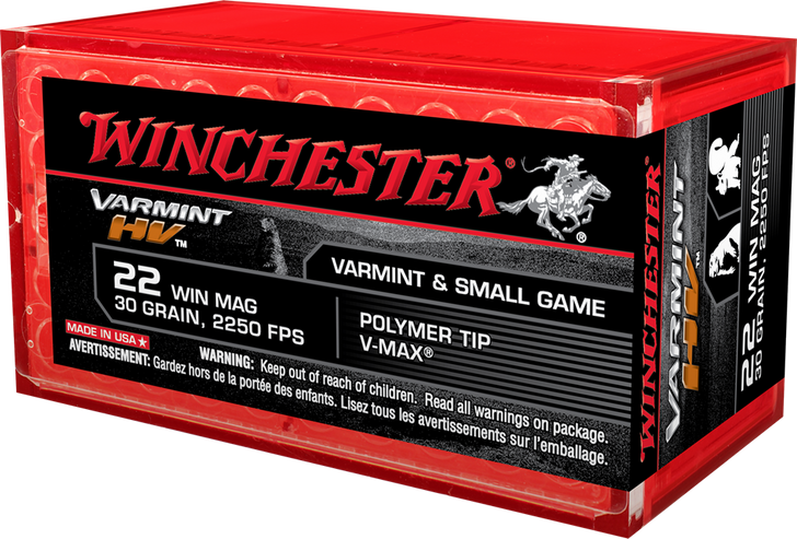 Winchester Varmint HV .22 Winchester Magnum Rimfire 30 Grain Polymer Tip - Rimfire Ammo - 50RD Box - S22M2PT