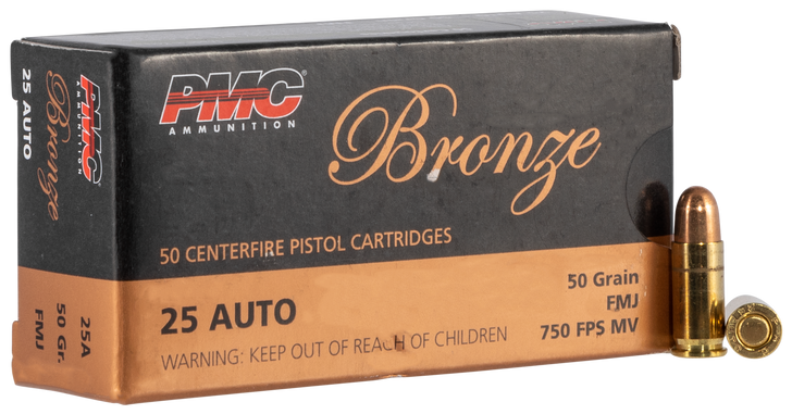 PMC  .25 ACP 50 Grain - FMJ - Brass Cased - Pistol Ammo  -  50RD Box - 25A