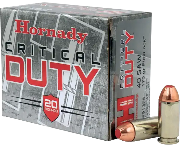 Hornady Critical Duty .40 S&W 175 Grain FlexLock Brass Cased  -  Pistol Ammo  -  20RD Box - 91376