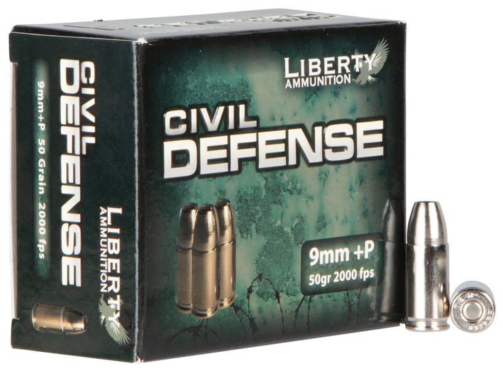 Liberty  -  Civil Defense - 9MM  +P - 50 Grain - HP - Brass Case -  - Pistol Ammo  -  20RD Box
