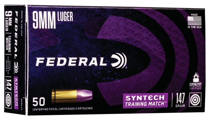 Federal Syntech Training Match 9MM  147 Grain Syntech Jacket Flat Nose  -  Pistol Ammo  -  50RD Box - AE9SJ3
