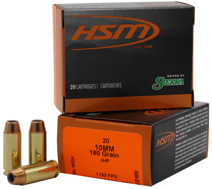 HSM -  10mm Auto 180 Grain - JHP - Brass Cased - Pistol Ammo  -  20RD Box