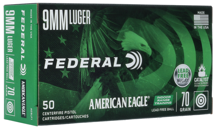 Federal American Eagle  Training 9MM  70 Grain Lead-Free Ball  -  Pistol Ammo  -  50RD Box - AE9LF1