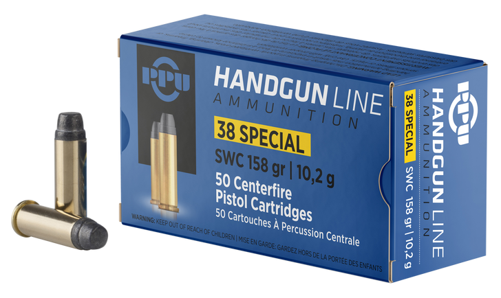 PPU .38 Special 158 Grain Semi Wadcutter Brass Cased - Pistol Ammo  -  50RD Box - PPH38SS