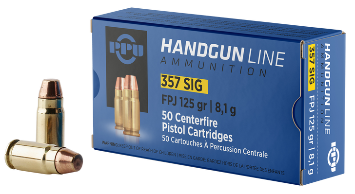 PPU .357 SIG 125 Grain Flat Point Jacketed Brass Cased - Pistol Ammo  -  50RD Box - PPH.357S