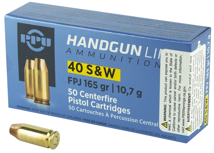 PPU .40 S&W 165 Grain Flat Point Jacketed Brass Cased - Pistol Ammo  -  50RD Box - PPH40F