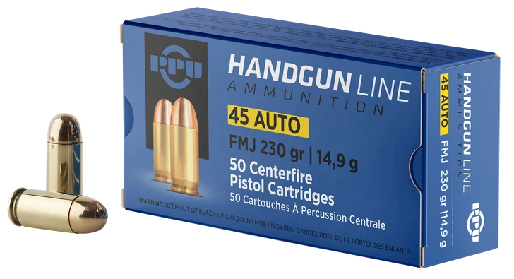 PPU .45 ACP 230 Grain - FMJ - Brass Cased - Pistol Ammo  -  50RD Box - PPH45F