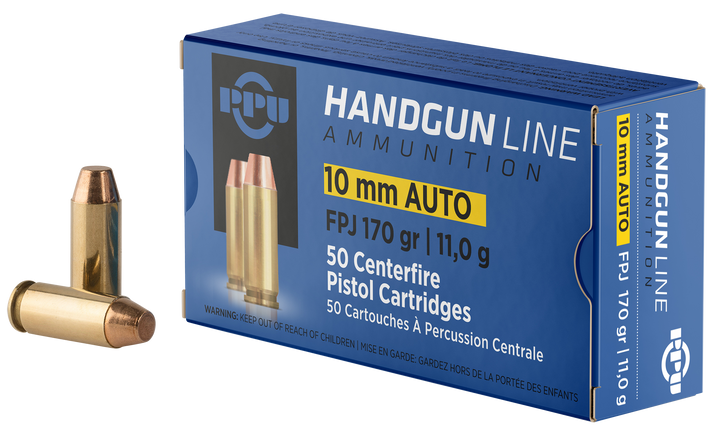 PPU 10mm Auto 170 Grain Flat Point Jacketed Brass Cased - Pistol Ammo  -  50RD Box - PPH10F