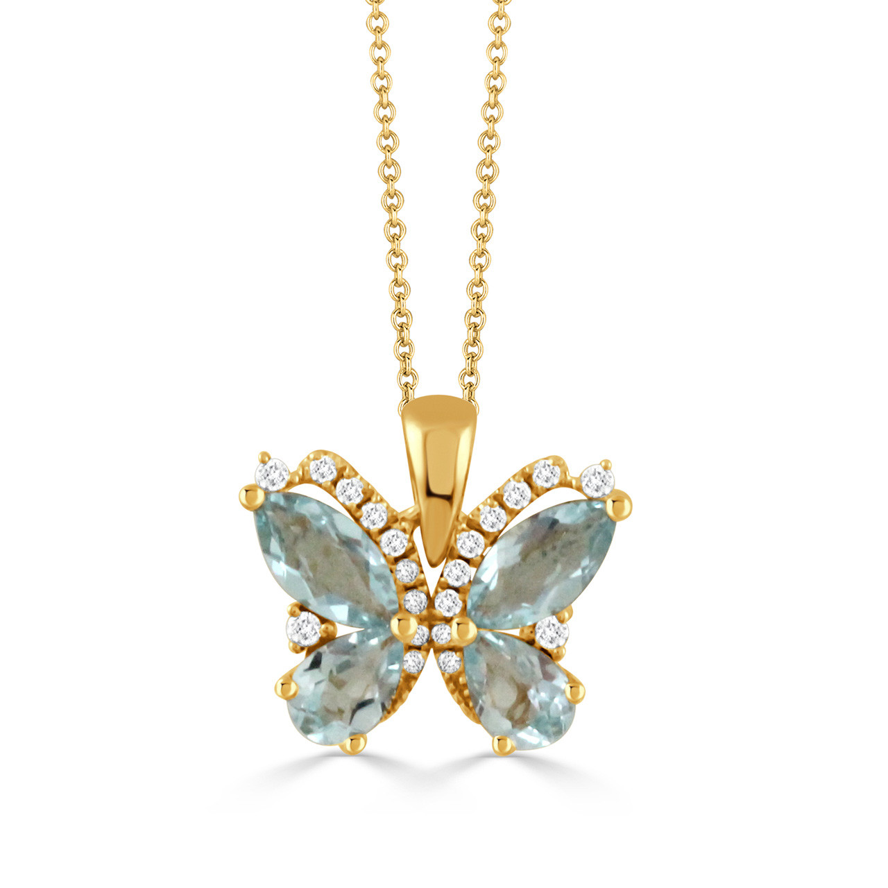 18K Yellow Gold Diamond Sky Blue Topaz Butterfly Pendant
