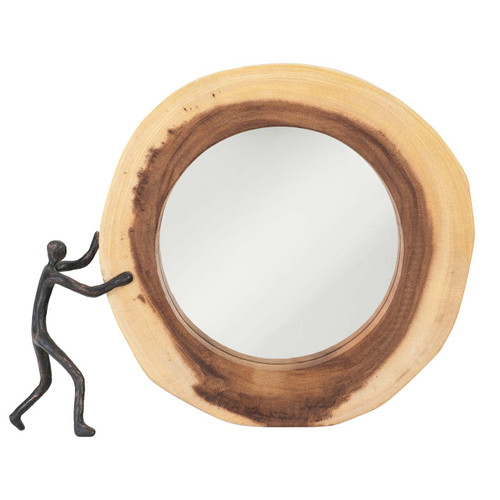 wood mirror with metal man to the left wood mirror with metal man to the left