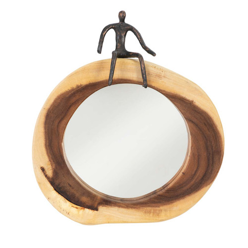small wood mirror with metal man sitting on top small wood mirror with metal man sitting on top