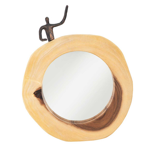 small wood mirror with half metal man on top corner small wood mirror with half metal man on top corner