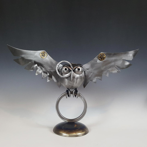 guardian owl on ring metal sculpture front guardian owl on ring metal sculpture front