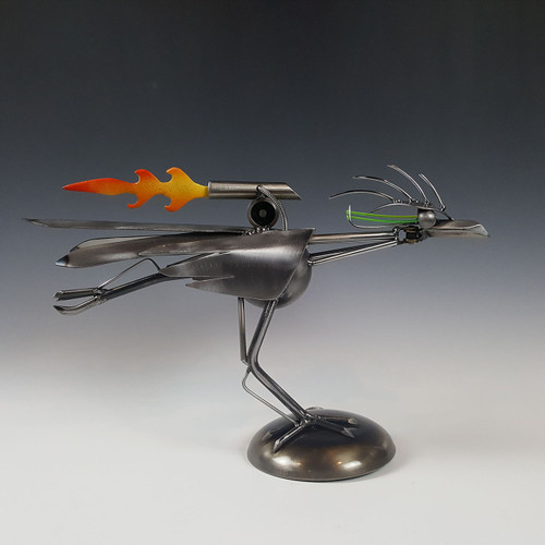 road runner metal sculpture with flames right side view
