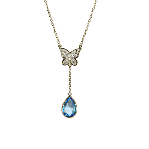 14K Yellow Gold Diamond Pave Butterfly Swiss Blue Topaz Necklace