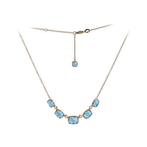 14K Yellow Gold Swiss Blue Topaz Cushion Cut Necklace with Diamonds