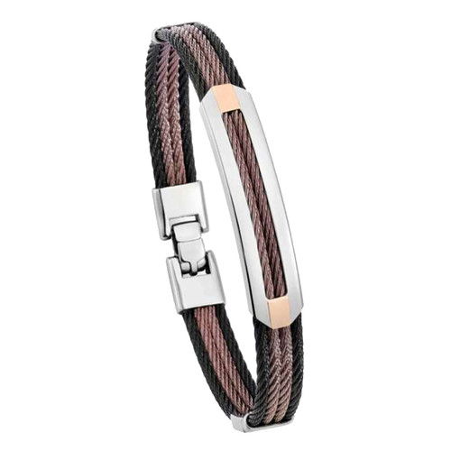 Multicable Steel and Brown Cable Wide Bracelet with Gold