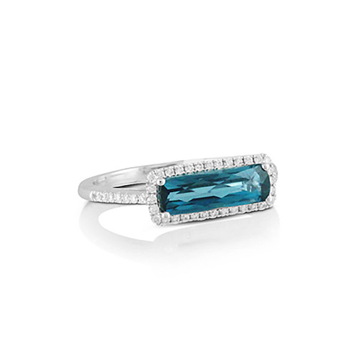 White gold ring with diamonds and London blue topaz bar by Doves