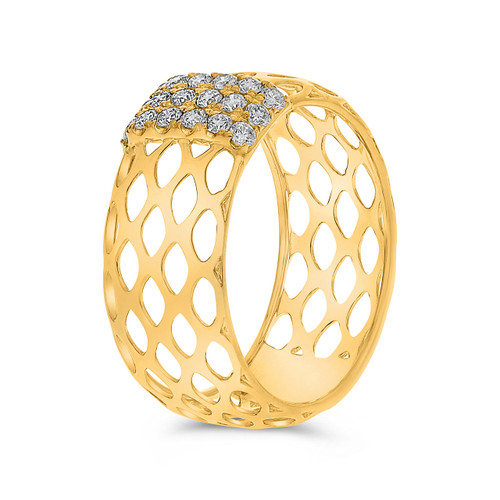 Yellow gold honeycomb band ring with diamonds by Roman and Jules