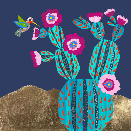 Purple flowering prickly pear collage with hummingbird by Lana Nguyen