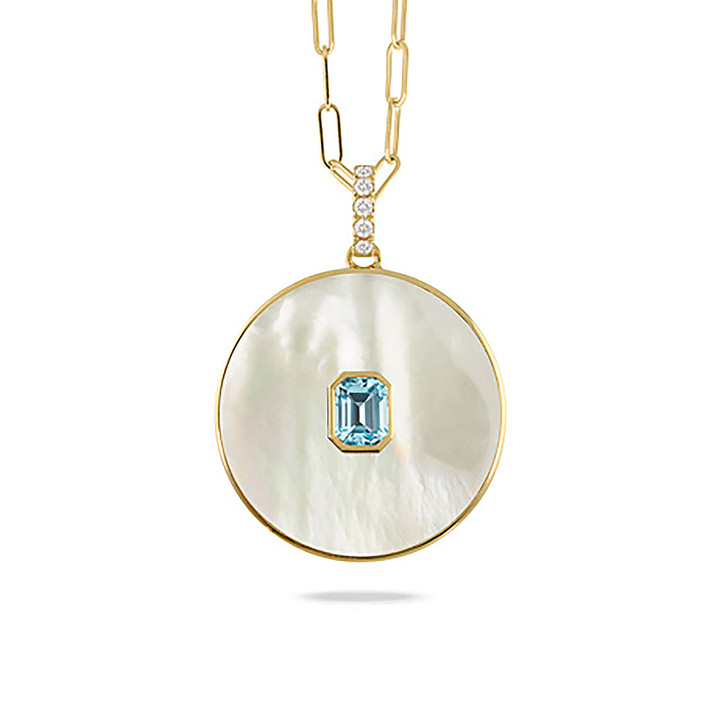 18k Yellow gold pendant with diamonds, sky blue topaz and mother of pearl 18k Yellow gold pendant with diamonds, sky blue topaz and mother of pearl
