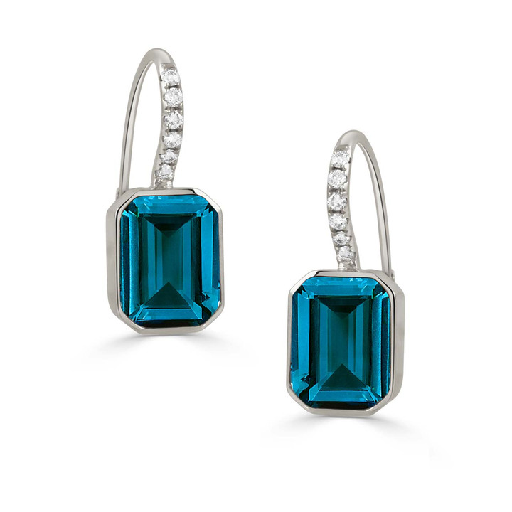 18K Gold Diamond Emerald Cut London Blue Topaz Earrings 18K Gold Diamond Emerald Cut London Blue Topaz Earrings