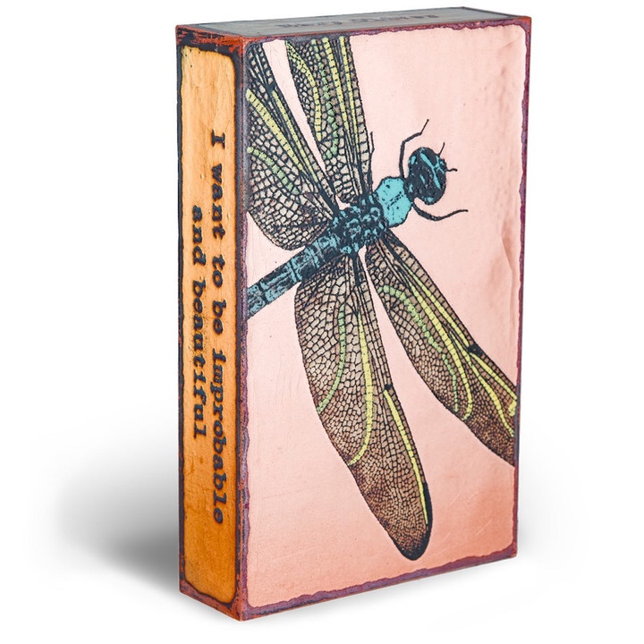 small wall or desk art with a dragonfly.  Left side view.