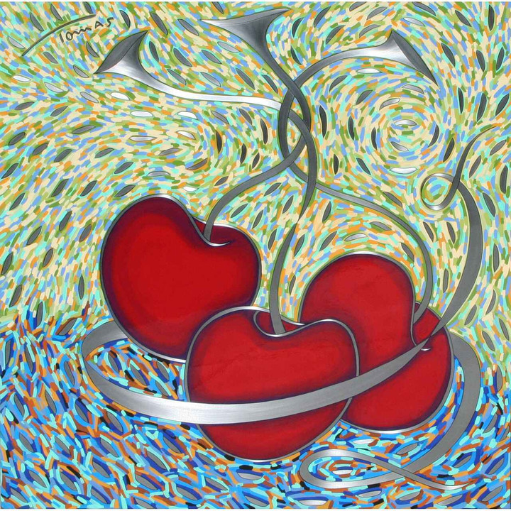 Three red cherries with Van Gogh inspired background