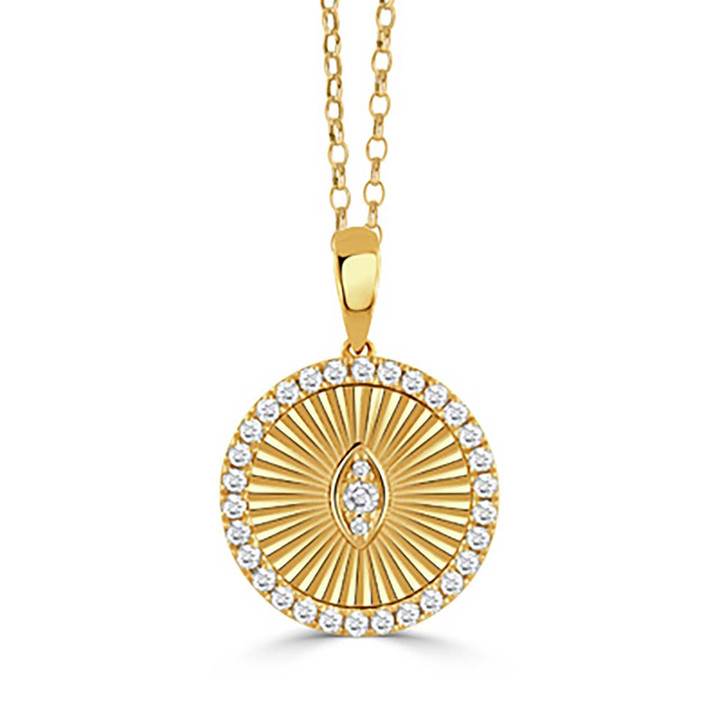 gold circular pendant with diamonds around the edge and in the center gold circular pendant with diamonds around the edge and in the center