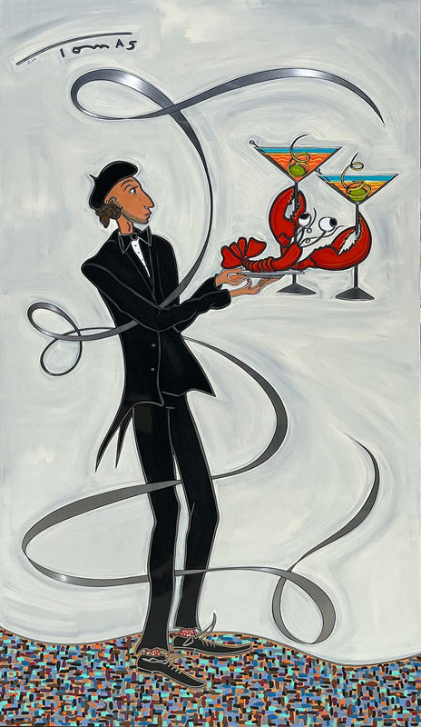 man holding martinis with lobsters man holding martinis with lobsters