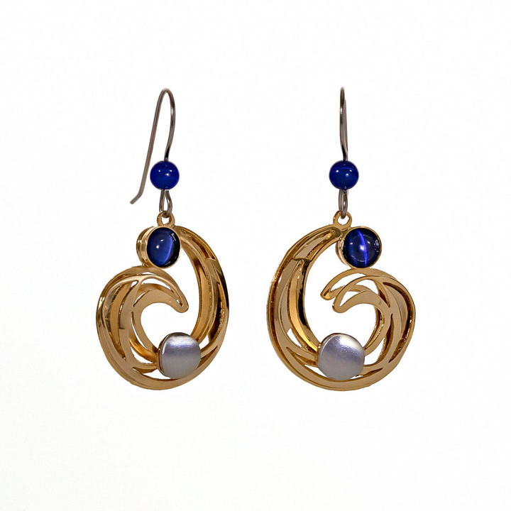 dangle hook earrings with navy blue gemstones