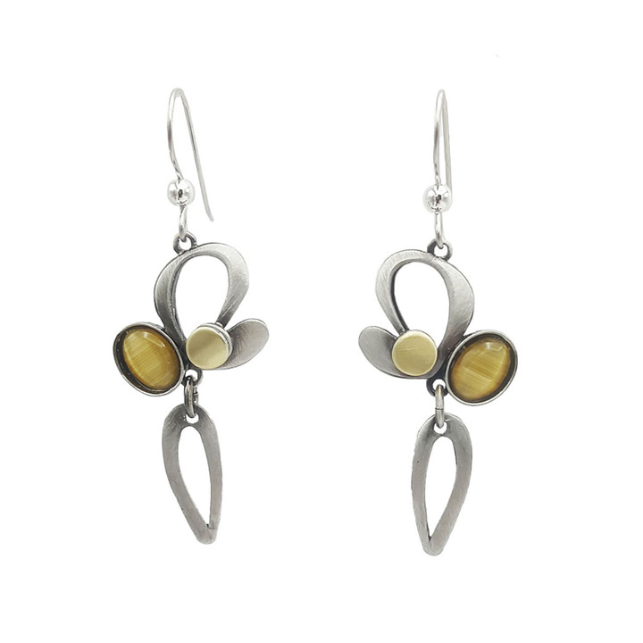 long abstract dangle hook earrings with yellow gemstone