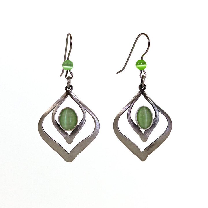 abstract diamond shape earrings with green gemstones