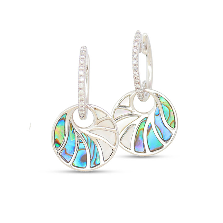 white gold circle earrings with abalone and diamonds