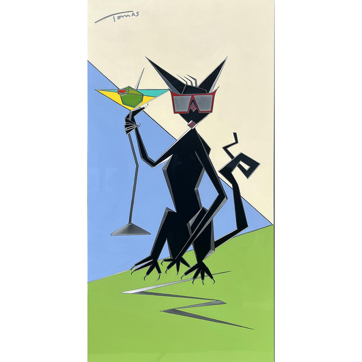 black cat holding martini oil painting black cat holding martini oil painting