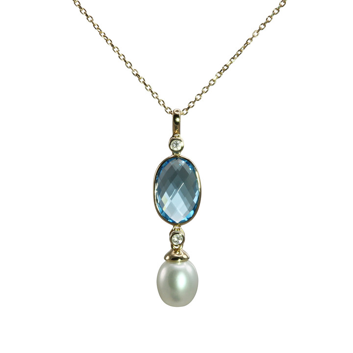 14K Yellow Gold Swiss Blue Topaz Drop Pearl Necklace 14K Yellow Gold Swiss Blue Topaz Drop Pearl Necklace