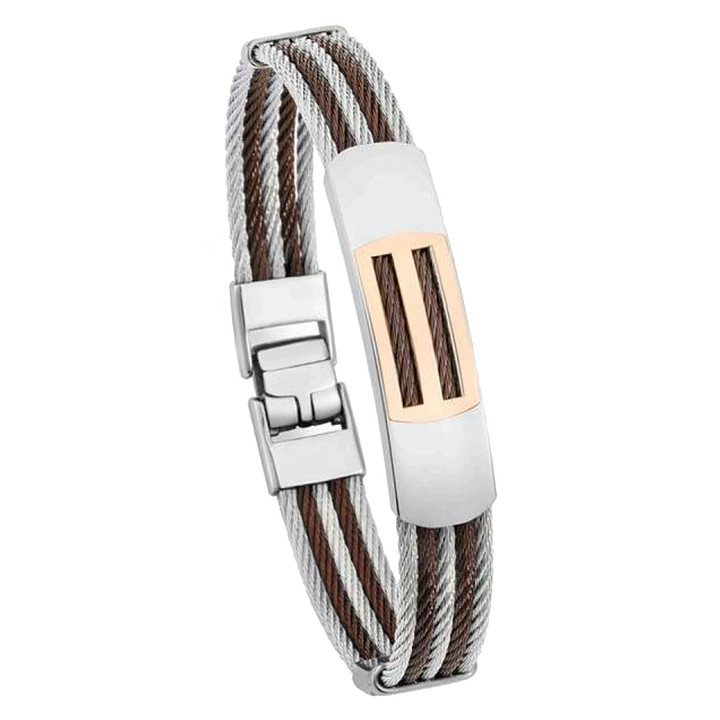 【定価5万9千円】 Cable Bracelet Multicable Steel and Brown Cable Wide Bracelet with Gold